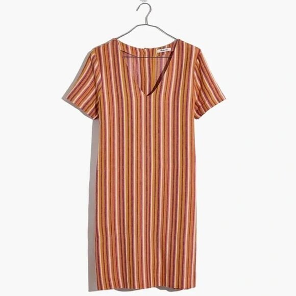 Madewell Linen Button-Back Easy Mini V-neck Short Sleeve Dress Rainbow Stripe S - Picture 10 of 11